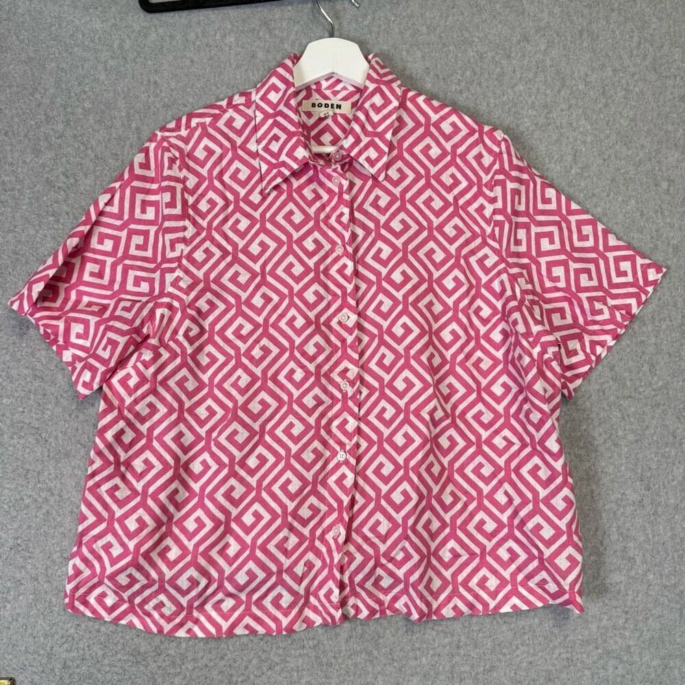 Boden Women’s Size 12 White Pink Geometric Print Short Sleeve Button Down Top
